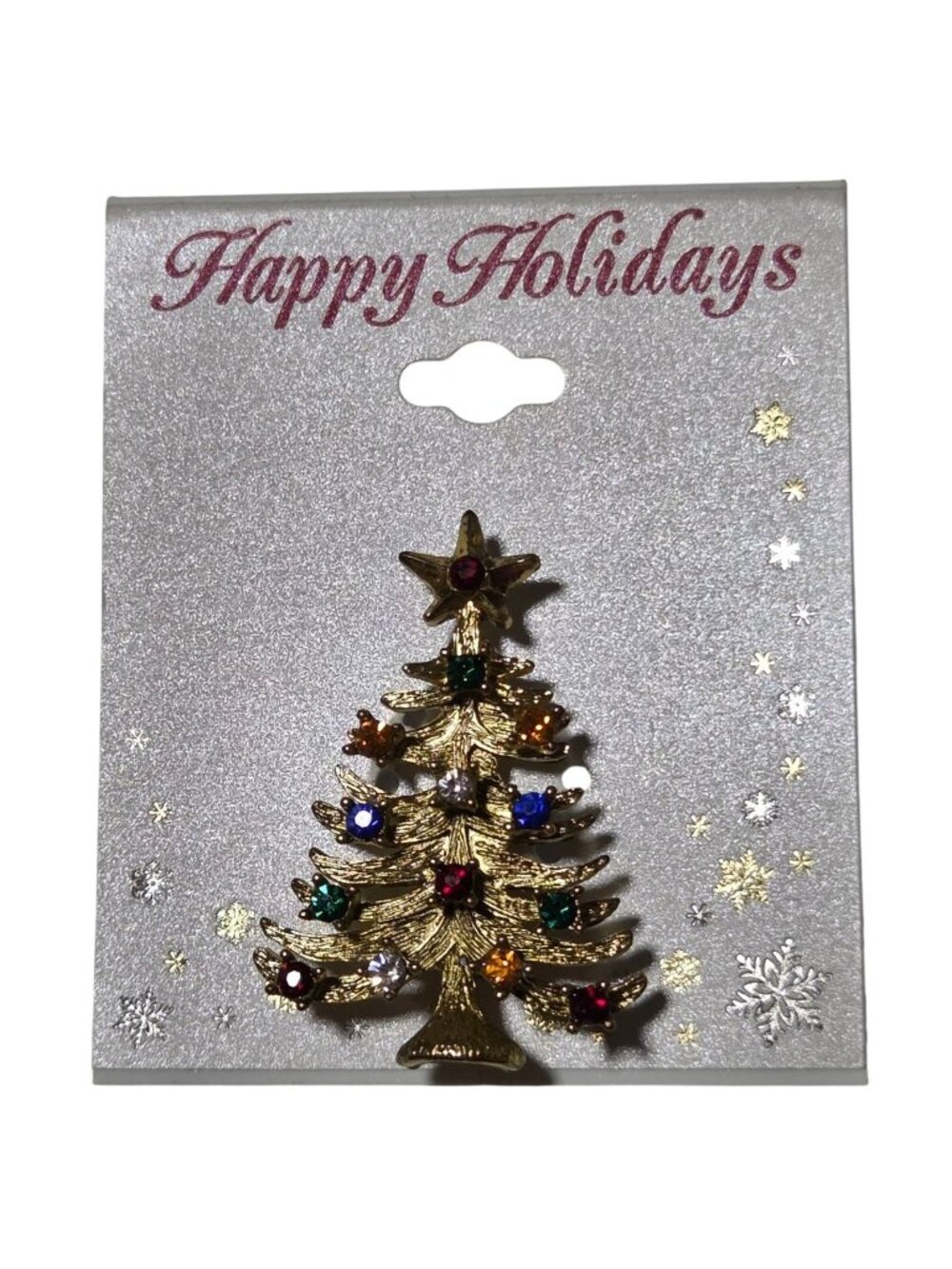 Vintage Christmas Tree Brooch Colorful Rhinestones Holiday Gold Tone On Card